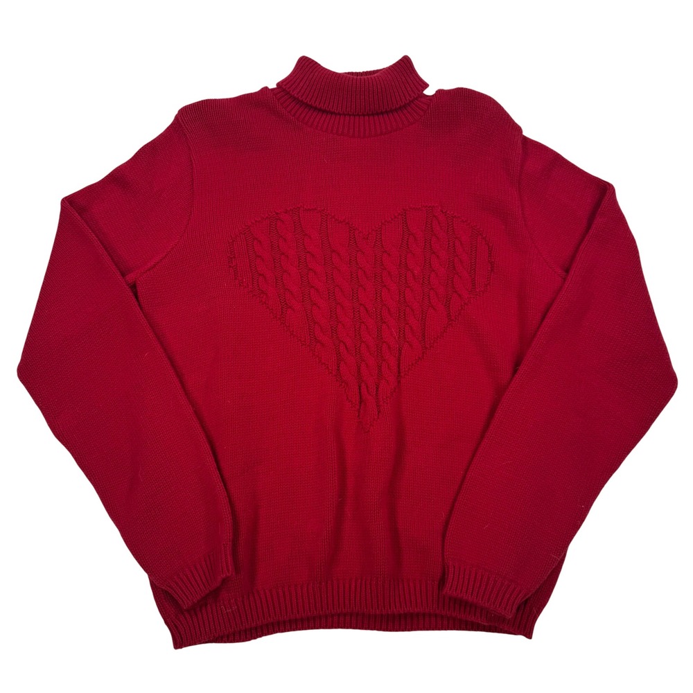 Coldwater Creek Red Heart Cable Knit Turtleneck Sweater Womens Medium Cotton USA